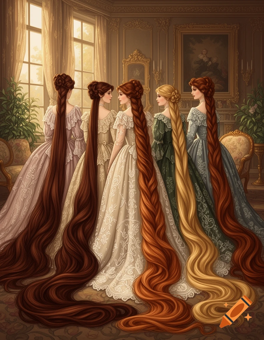 Five Victorian women in elaborate dresses stand in a grand room, each with extremely long, braided hair cascading to the floor.