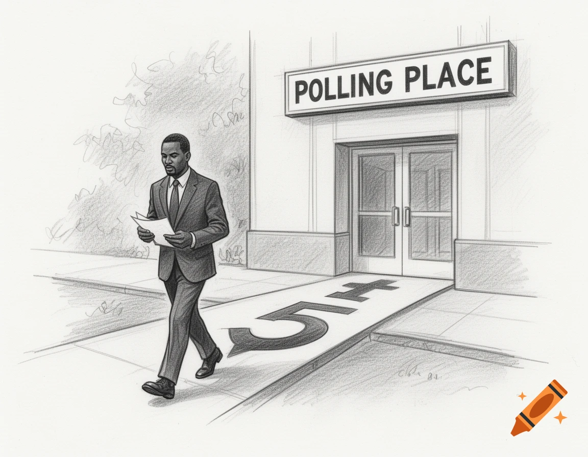 Sketch of an African American man in a suit walking towards a polling place, holding a ballot, with a hidden '15' on the path.