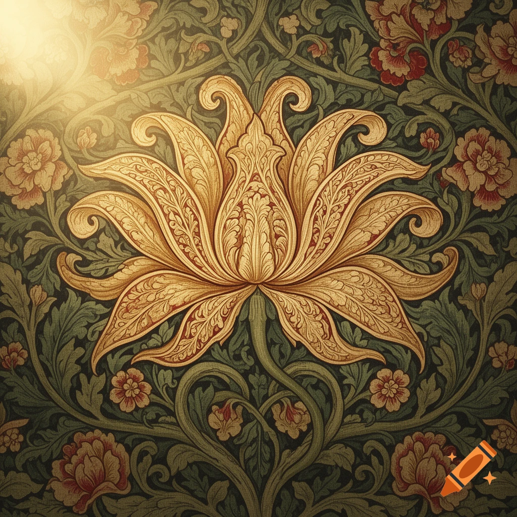 A detailed William Morris style floral pattern with a large golden lotus-like flower on a dark green background with red smaller flowers.