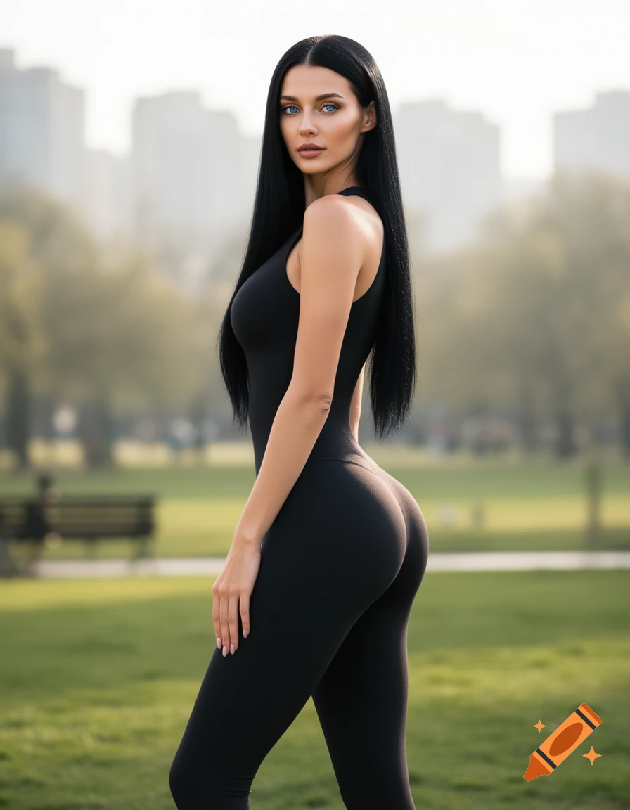 Photorealistic portrait of a woman with long black hair and blue eyes, wearing a black jumpsuit, standing in a park.
