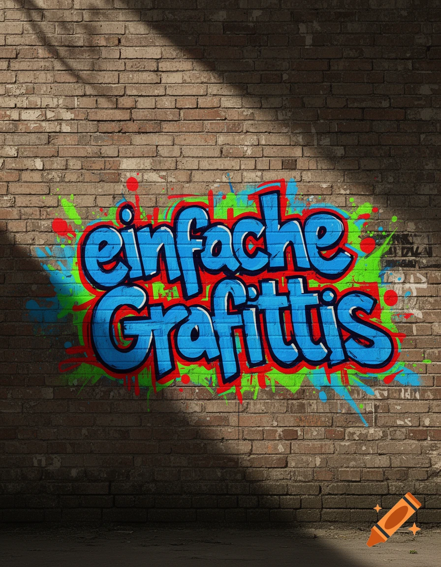 Blue and red graffiti text "einfache Grafittis" on a brick wall, with green and blue paint splatters. Sunlight casts shadows from above.