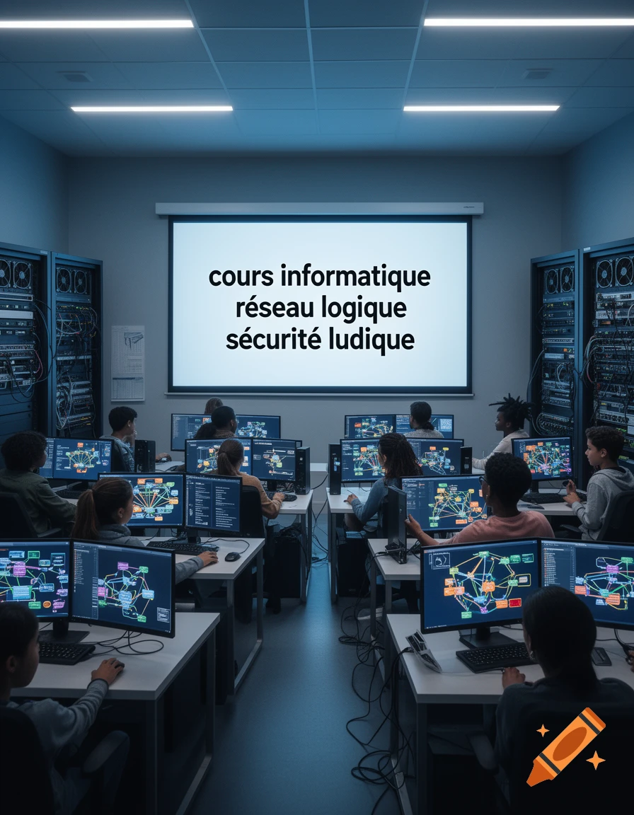 Students work on computers in a dark computer lab, with a projector screen displaying 'cours informatique r hydrau logique s hydrau ludique'.