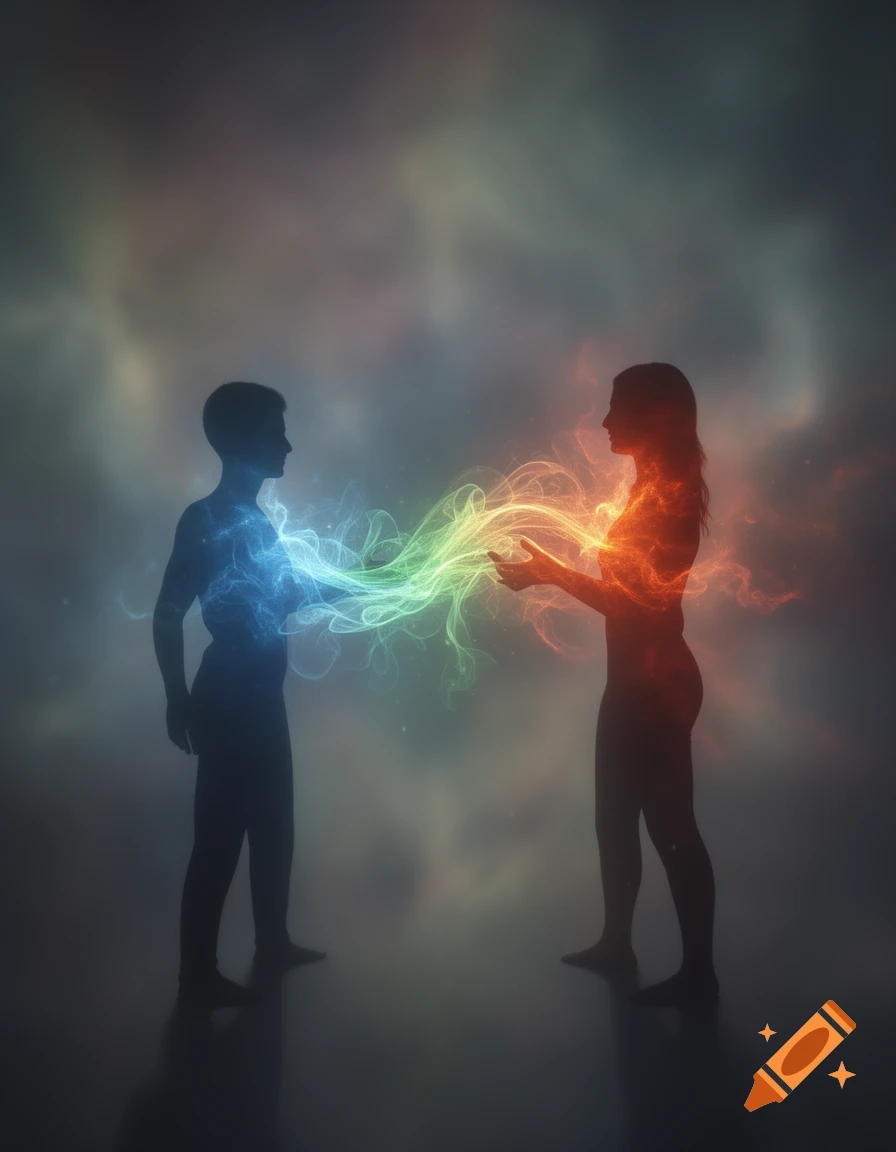 Two silhouetted figures stand opposite each other, connected by vibrant blue, green, and orange energy streams in a misty, ethereal setting.