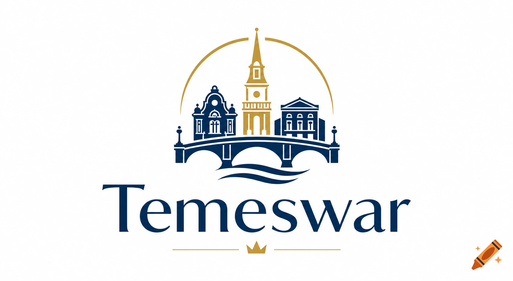 Stylized blue and gold logo depicting a city skyline with a tall steeple, buildings, and a bridge over water, with the word 'Temeswar' below.