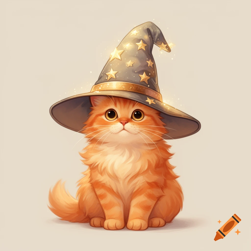 A fluffy orange cat with large eyes wears a grey wizard hat adorned with golden stars and looks directly at the camera. Simple background.
