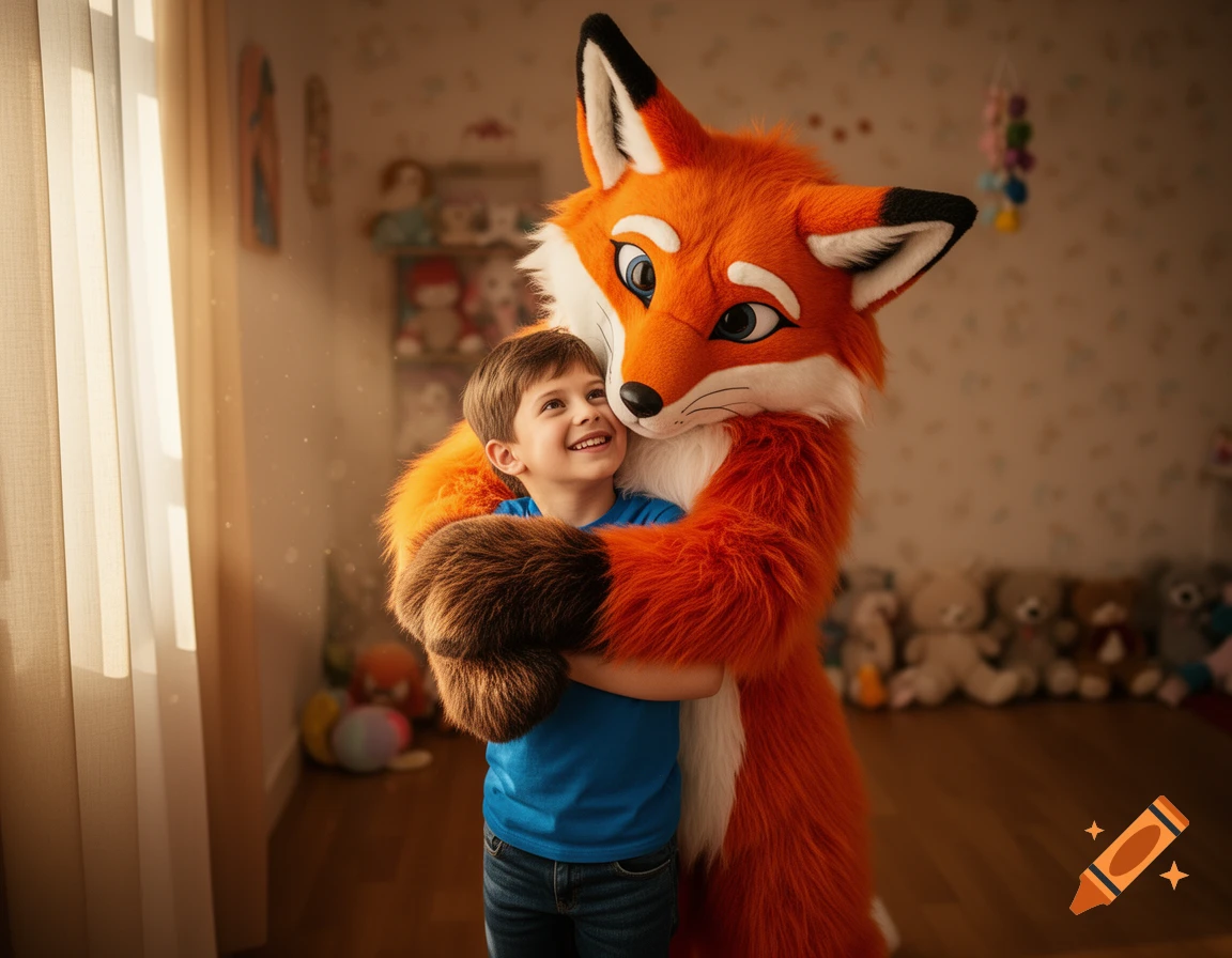 A happy boy in a blue shirt is hugged by a person in a bright orange fox fursuit in a sunny room.