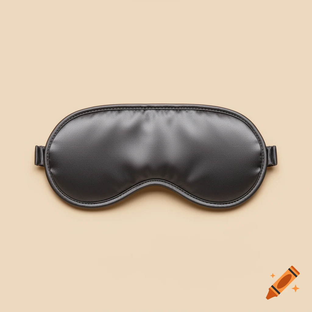 A photorealistic black silk sleep mask with visible stitching, isolated on a soft beige background.
