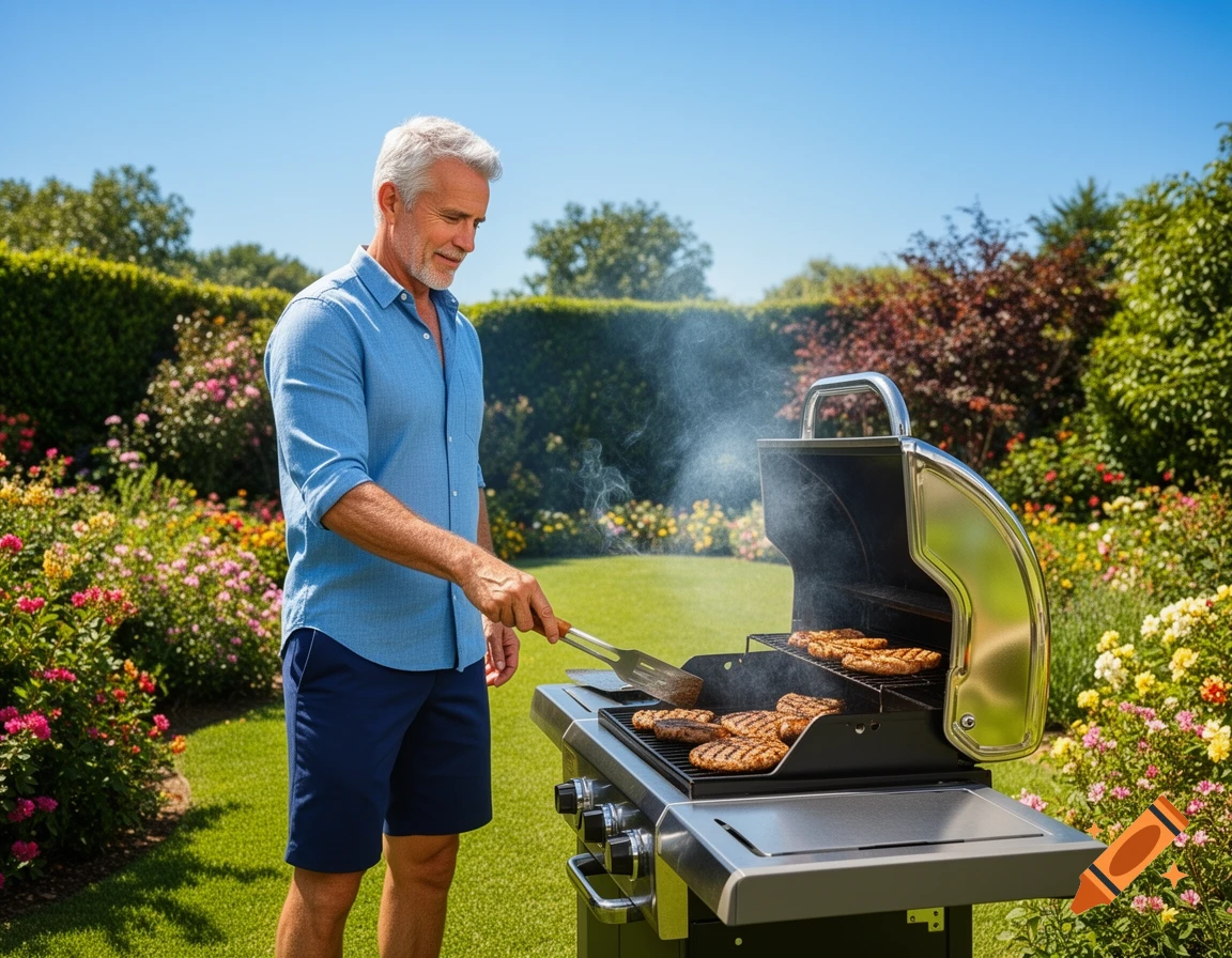 A middle-aged man with salt and pepper hair grills food on a barbecue in a sunny garden.