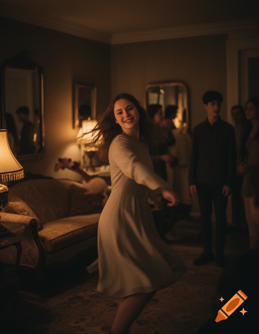 A young woman with long hair smiles while dancing in a dimly lit room with other people and antique furniture.