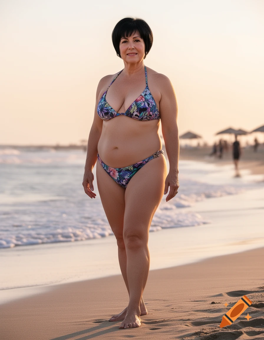 Photorealistic image of a smiling older woman in a floral bikini standing on a sandy beach at sunset.
