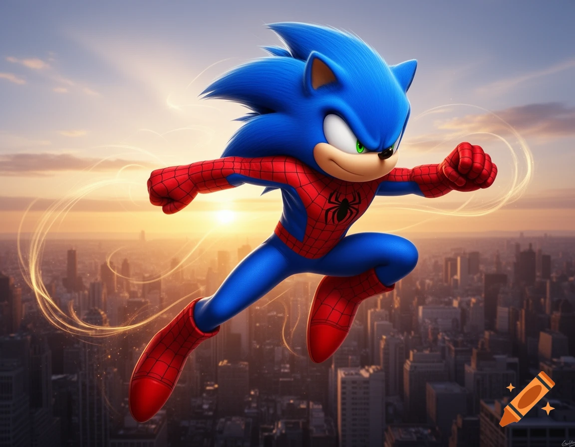 Sonic the Hedgehog, wearing a Spider-Man suit, flies over a city skyline at sunset, leaving glowing trails.