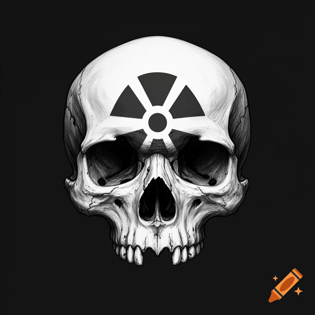 A detailed black and white illustration of a human skull with a nuclear pictogram symbol on its forehead.