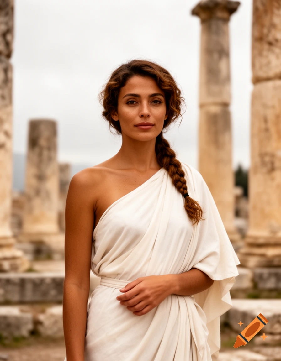 Photorealistic portrait of a woman with dark hair in a braid, wearing a white chiton, standing before ancient ruins.