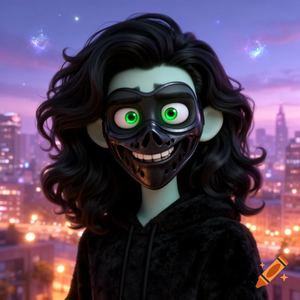 3D animated character with green skin, long black hair, a black mask, bright green eyes, and a black furry hoodie, smiling in front of a city skyline at sunset.