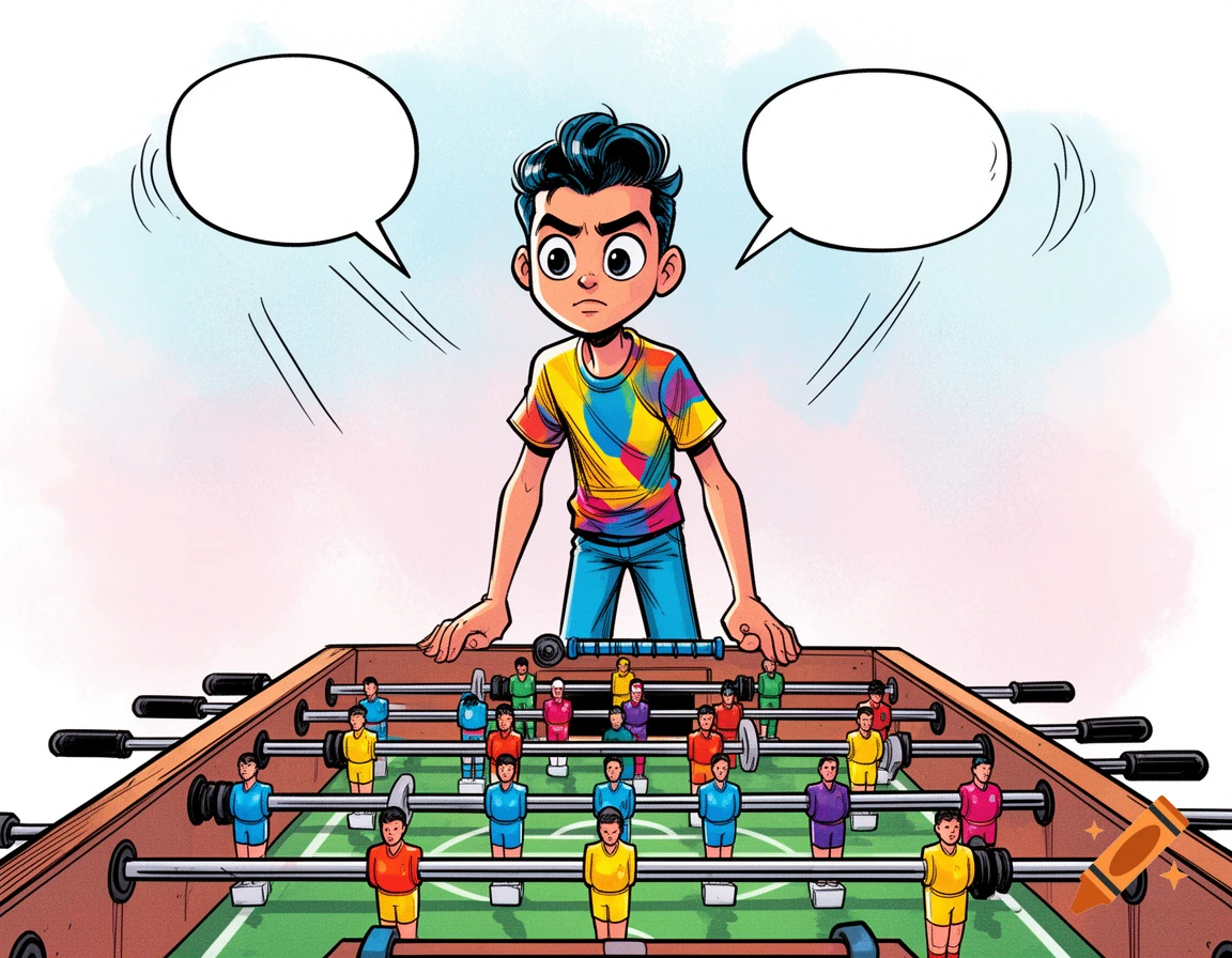 A cartoon boy with a colorful shirt stands over a foosball table with two empty speech bubbles above him, looking intently at the game.