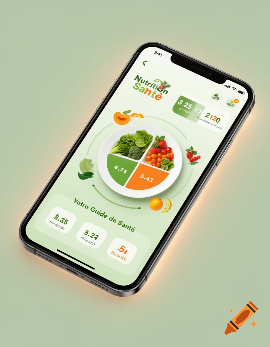 A smartphone displays a nutrition app with food categories, numbers, and text on a light green background.