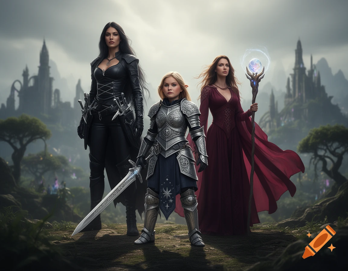 Three female fantasy characters: a rogue, a paladin with a sword, and a warlock with a glowing staff, in a misty castle landscape.