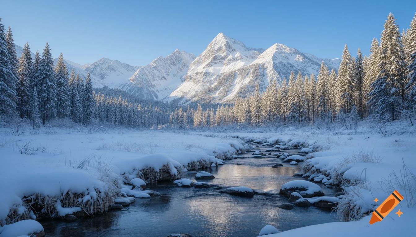 A photorealistic winter landscape features snow-covered mountains, pine trees, and a winding stream under a clear blue sky.