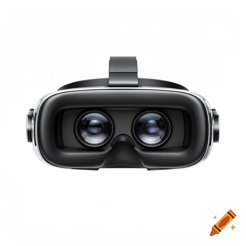 A photorealistic VR headset with black padding and silver accents, seen from the front, against a white background.
