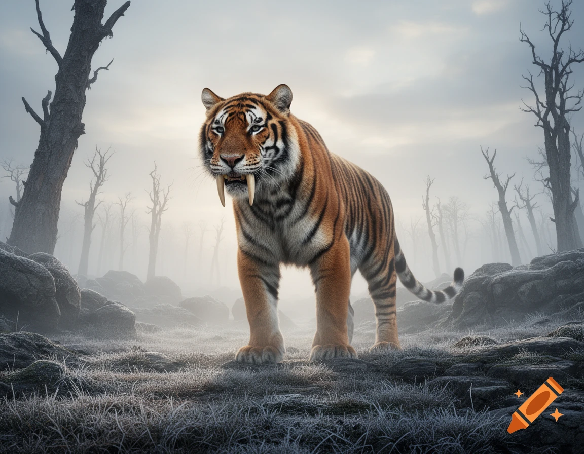 A photorealistic saber-toothed tiger stands prominently in a foggy, barren landscape with dead trees and frosted ground.