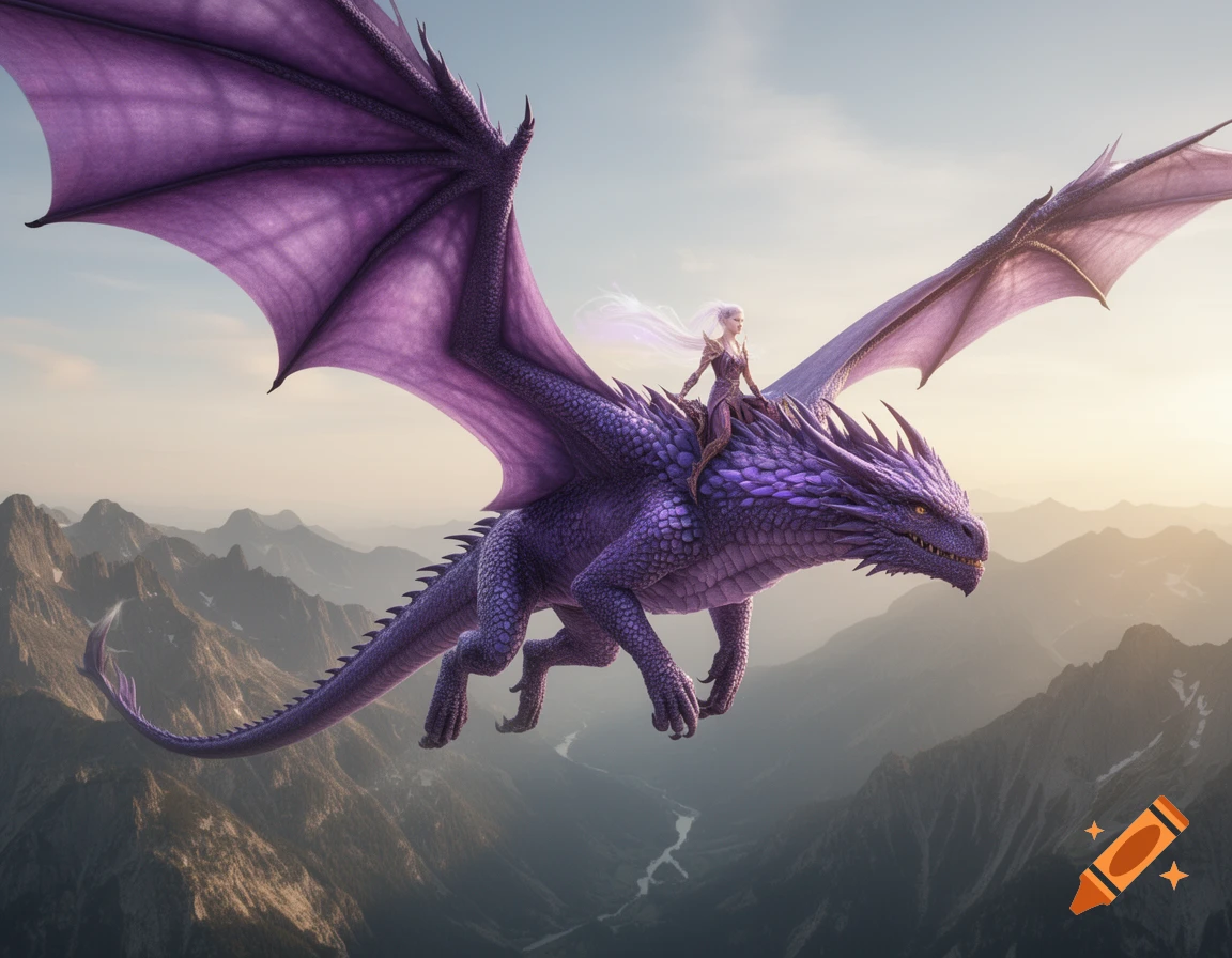 A purple dragon with a rider flies over mountains against a clear sky, viewed from below.