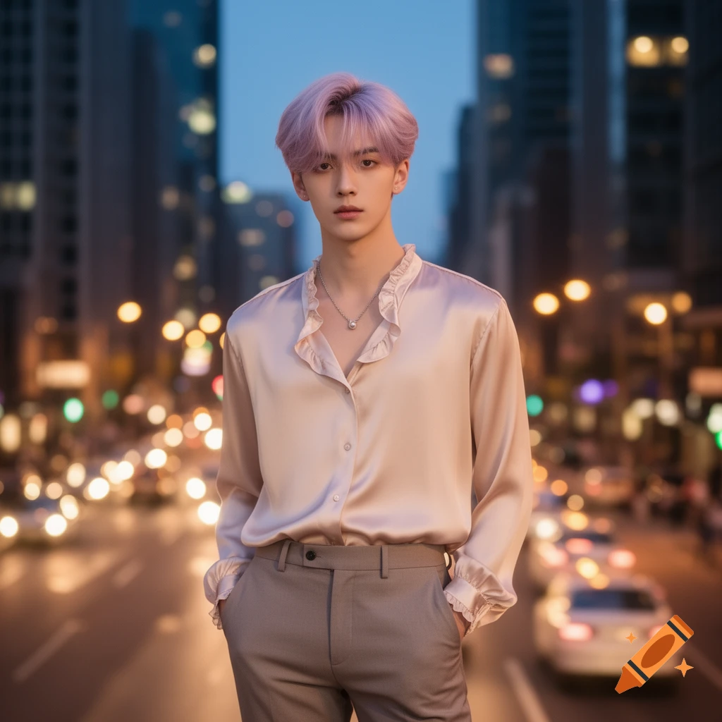 A young man with light purple hair in a satin ruffled shirt and gray pants stands on a city street at night with blurred car lights.