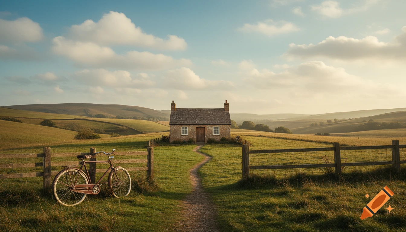A small stone cottage in the middle of rolling green hills, with a dirt path leading to it and a vintage bicycle leaning against a wooden fence.