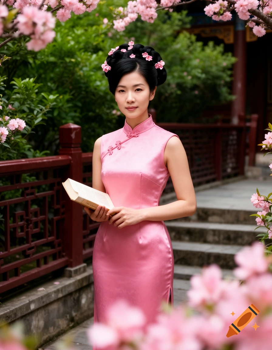 An elegant East Asian woman in a pink cheongsam holds a book in a traditional Chinese garden with cherry blossoms.