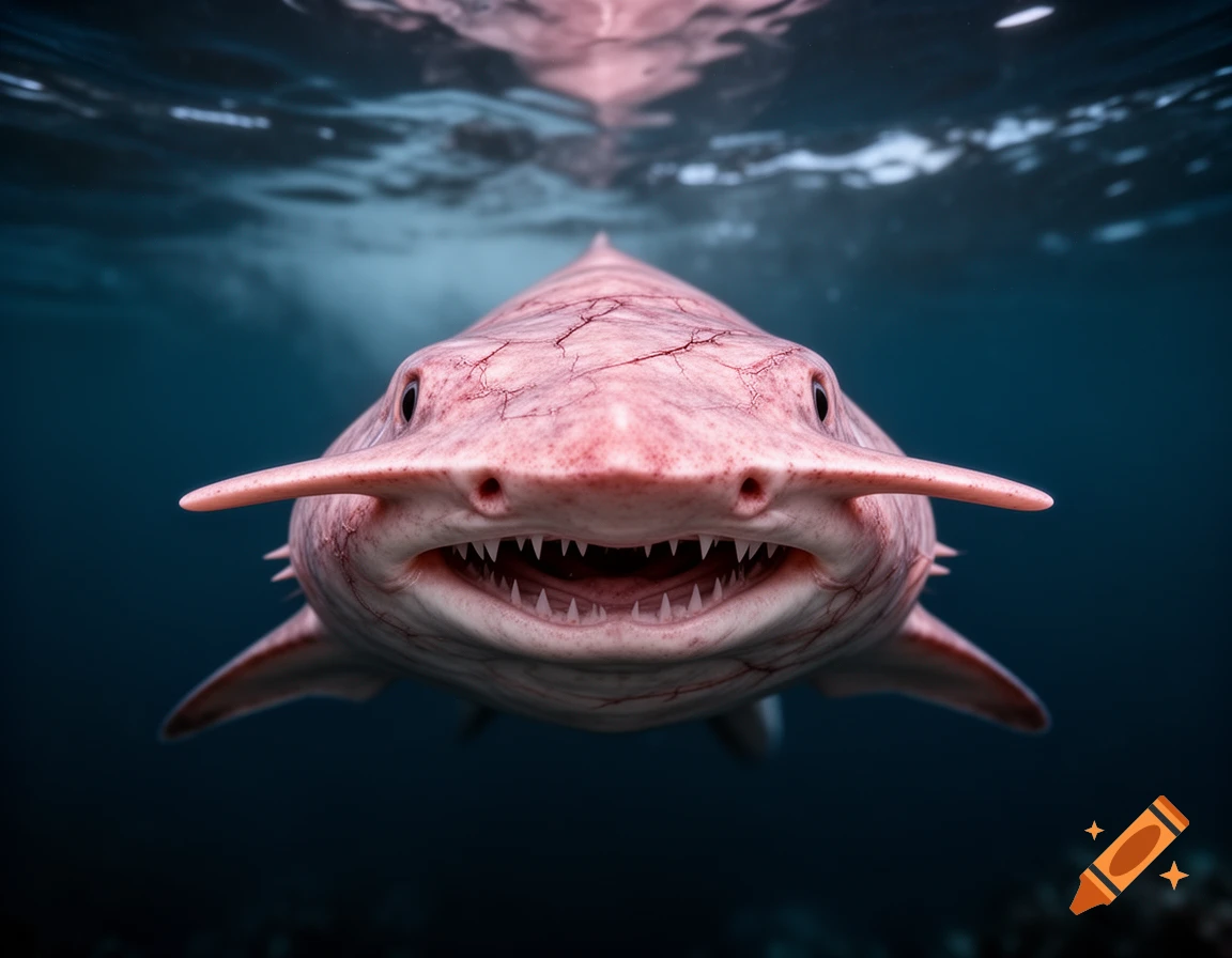 A front view of a pinkish goblin shark with sharp teeth and a long snout swimming in dark blue water, light reflecting from the surface.