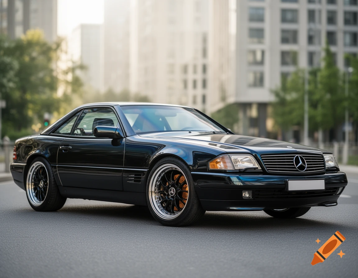 A black Mercedes-Benz SL500 R129 parked on an asphalt street with modern buildings in the blurred background.