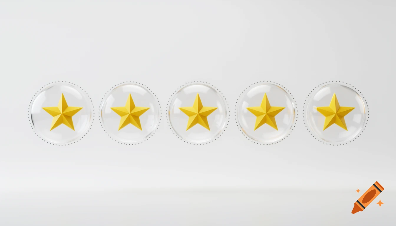 Five golden 3D stars in clear bubbles with dotted outlines, arranged horizontally on a white background.