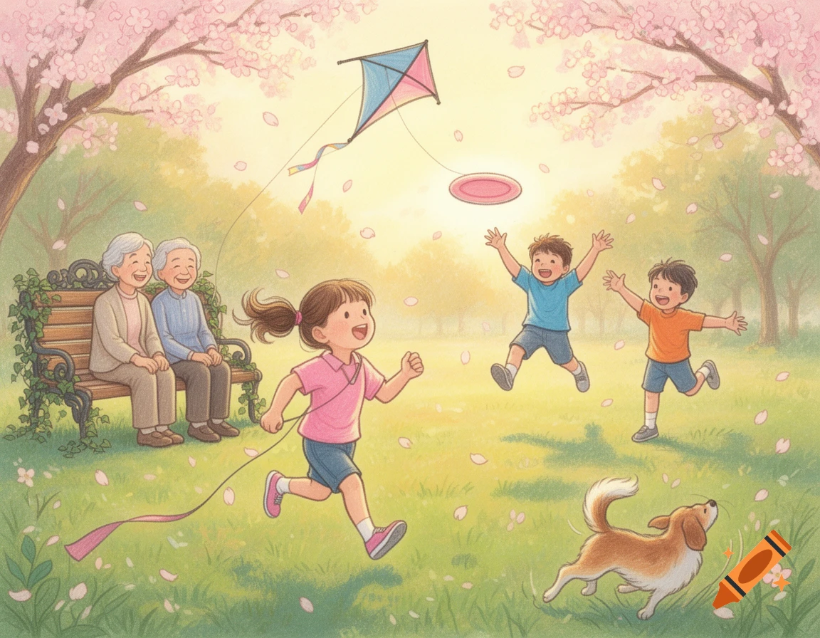 An illustration of children, a dog, and two elderly people enjoying a sunny day in a park with cherry blossoms.