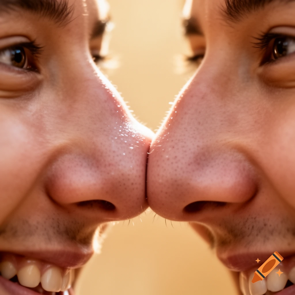 Extreme close-up of two human noses squishing together, showing skin texture and stubble in a photorealistic style.