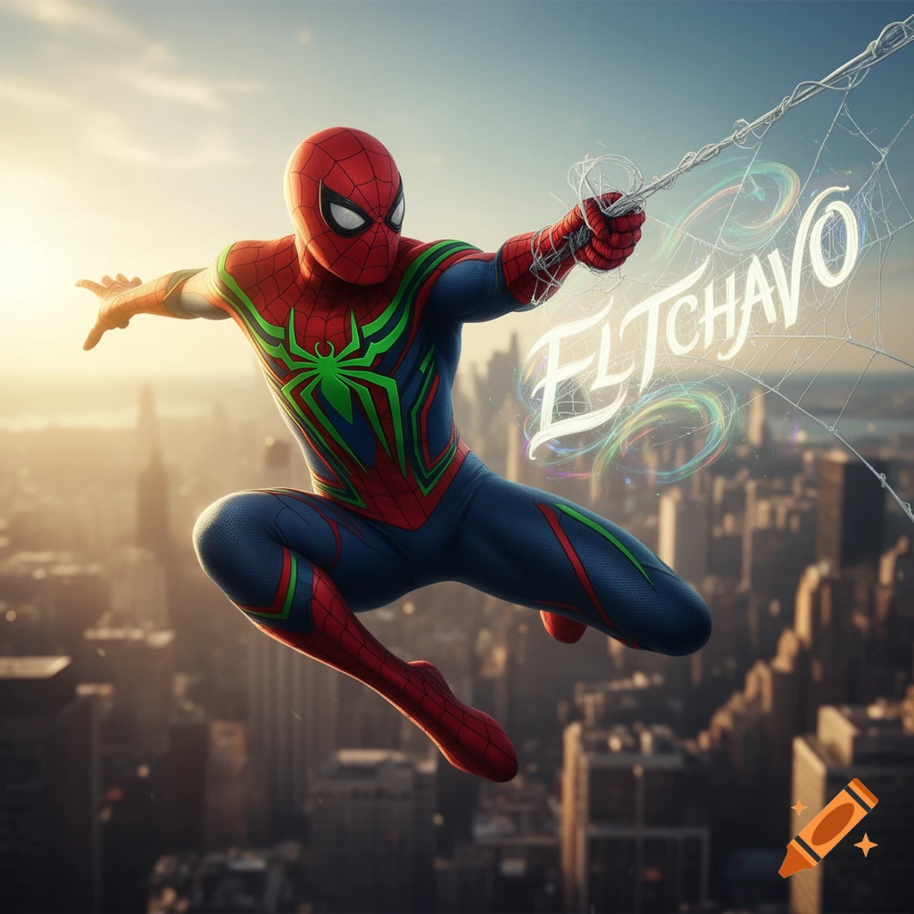 Spiderman in a red, blue, and green suit swings through a city at sunset, launching a web spelling ELTCHAVO.