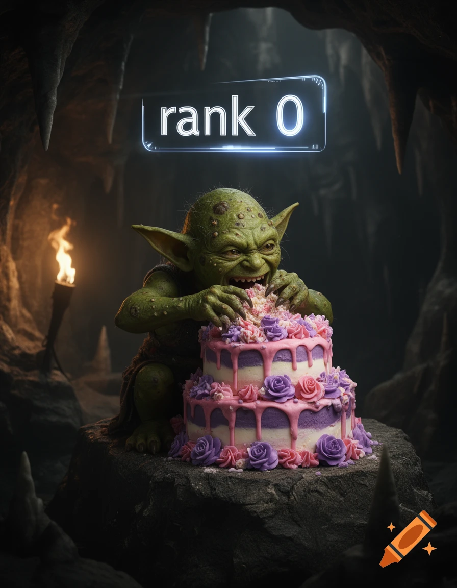 A grotesque green goblin with sharp teeth devours a pink and purple cake in a dark cave, with "rank 0" floating above.