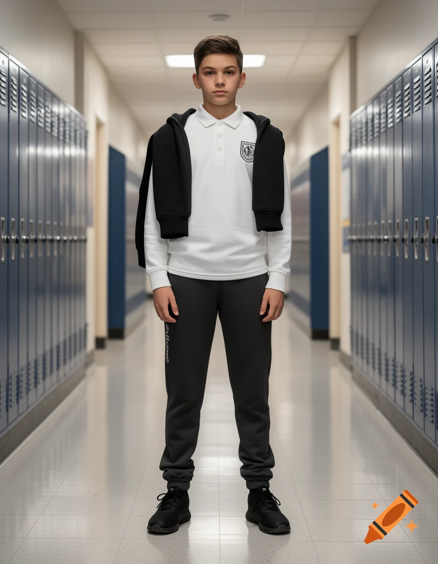 A young boy in a white polo shirt, black sweatshirt, and dark grey joggers stands in a school hallway with lockers.