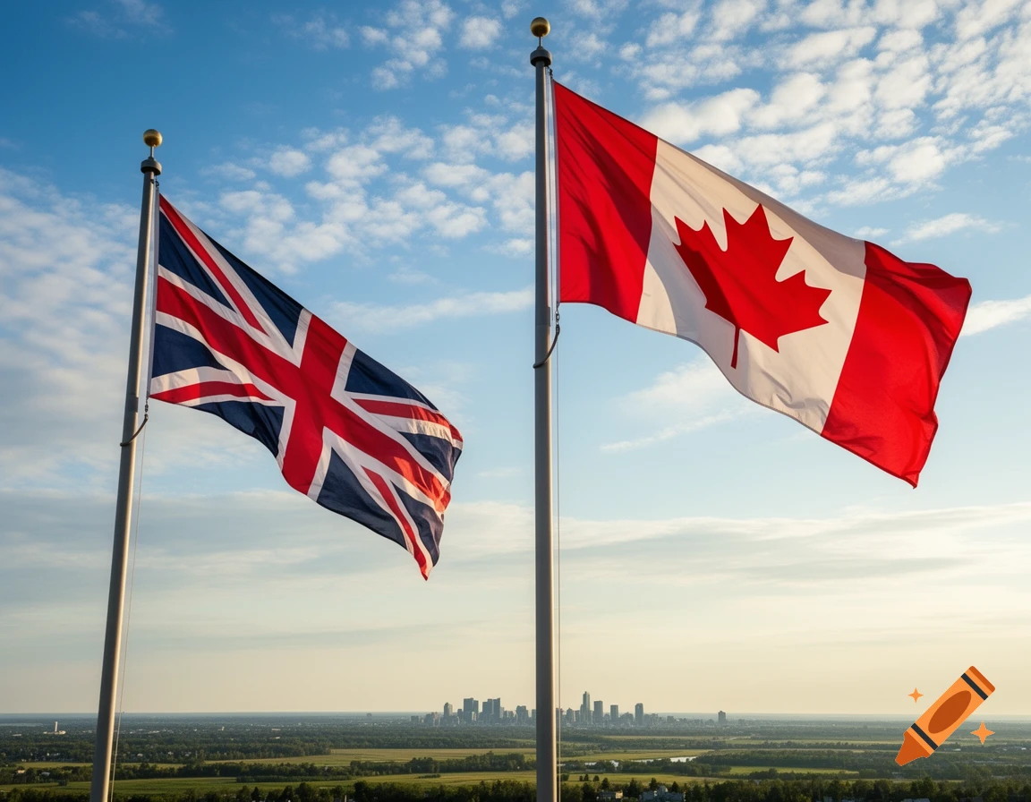 The British Union Jack and Canadian maple leaf flags wave side-by-side above a city skyline and green landscape under a blue sky.