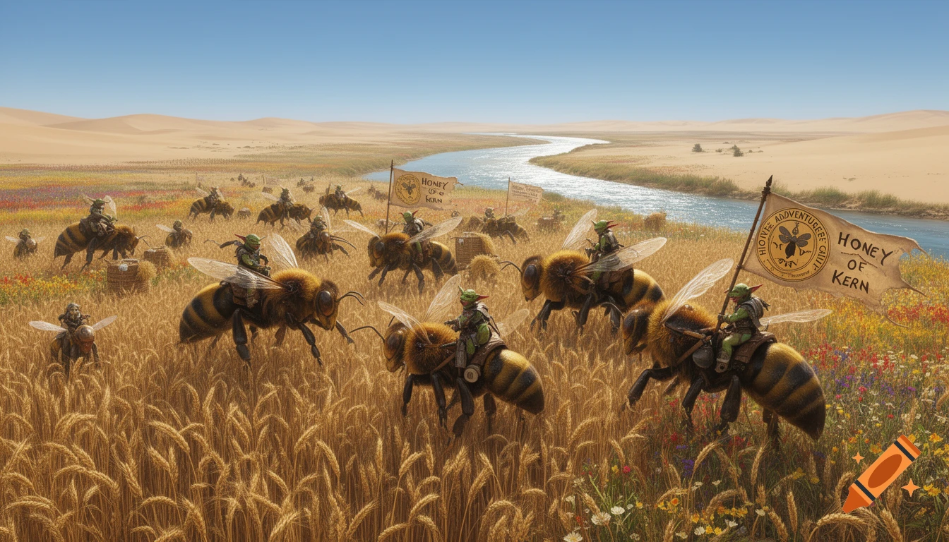 Goblins ride giant bees, harvesting grain fields by a winding river in a desert landscape under a clear blue sky.