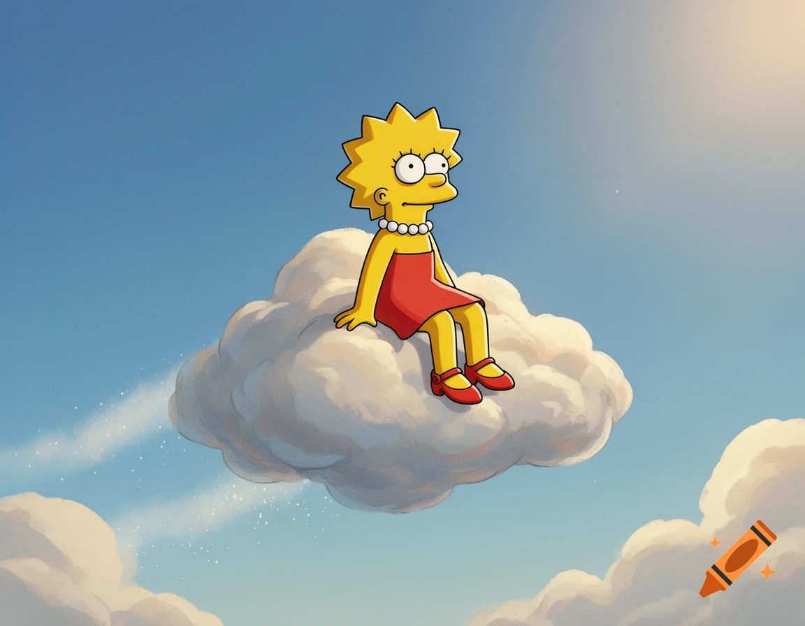 Lisa Simpson in her red dress and white necklace sits on a fluffy white cloud, soaring through a bright blue sky.