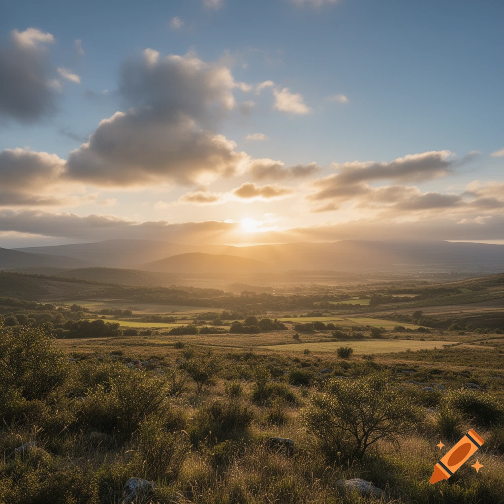 Photorealistic landscape at sunset with golden light illuminating rolling fields and distant mountains under a cloudy sky.
