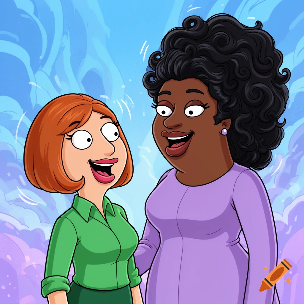 Cartoon of Lois Griffin and Donna Tubbs smiling warmly against a stylized blue and purple background.