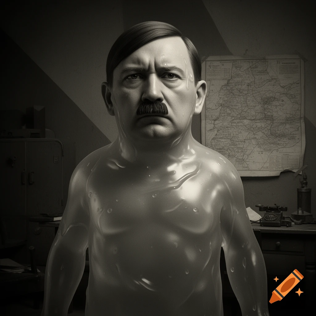 A monochromatic, photorealistic image of a stern-faced Hitler with a translucent, jelly-like body, standing in a dimly lit office with a map on the wall.
