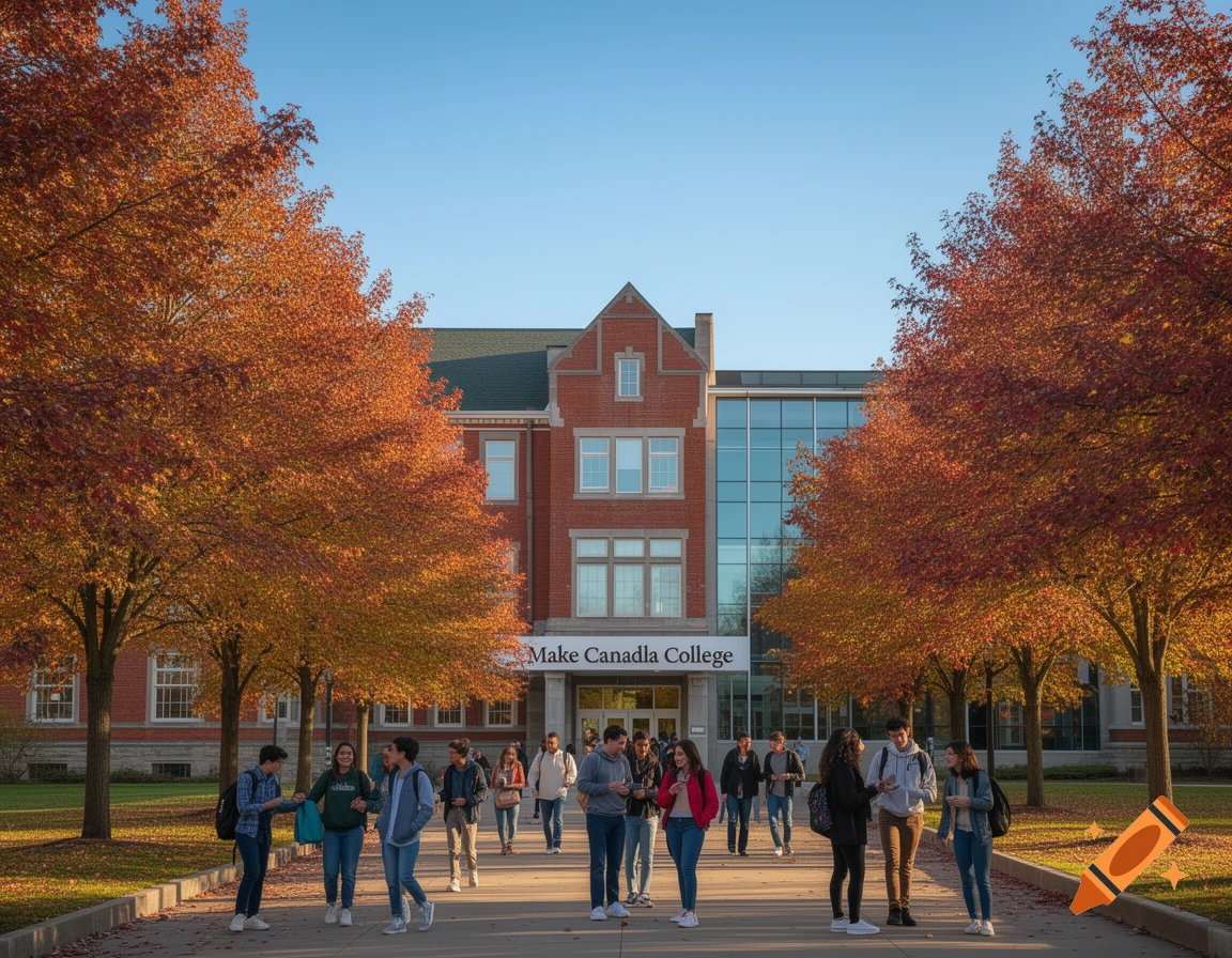 A college building with a 'Make Canadla College' sign, flanked by vibrant orange autumn trees, with students walking on a path.
