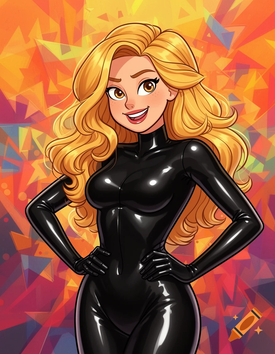 Cartoon illustration of a smiling blonde woman in a black latex catsuit, hands on hips, against a vibrant abstract background.