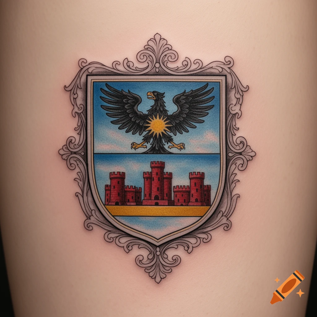 A colorful tattoo of a heraldic shield featuring a black eagle, sun, and red castles, framed by ornate silver scrollwork.