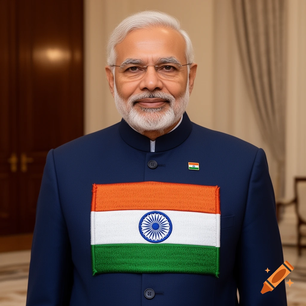 Photorealistic portrait of Narendra Modi smiling, wearing a blue jacket with a large Indian flag emblem and a small flag lapel pin.
