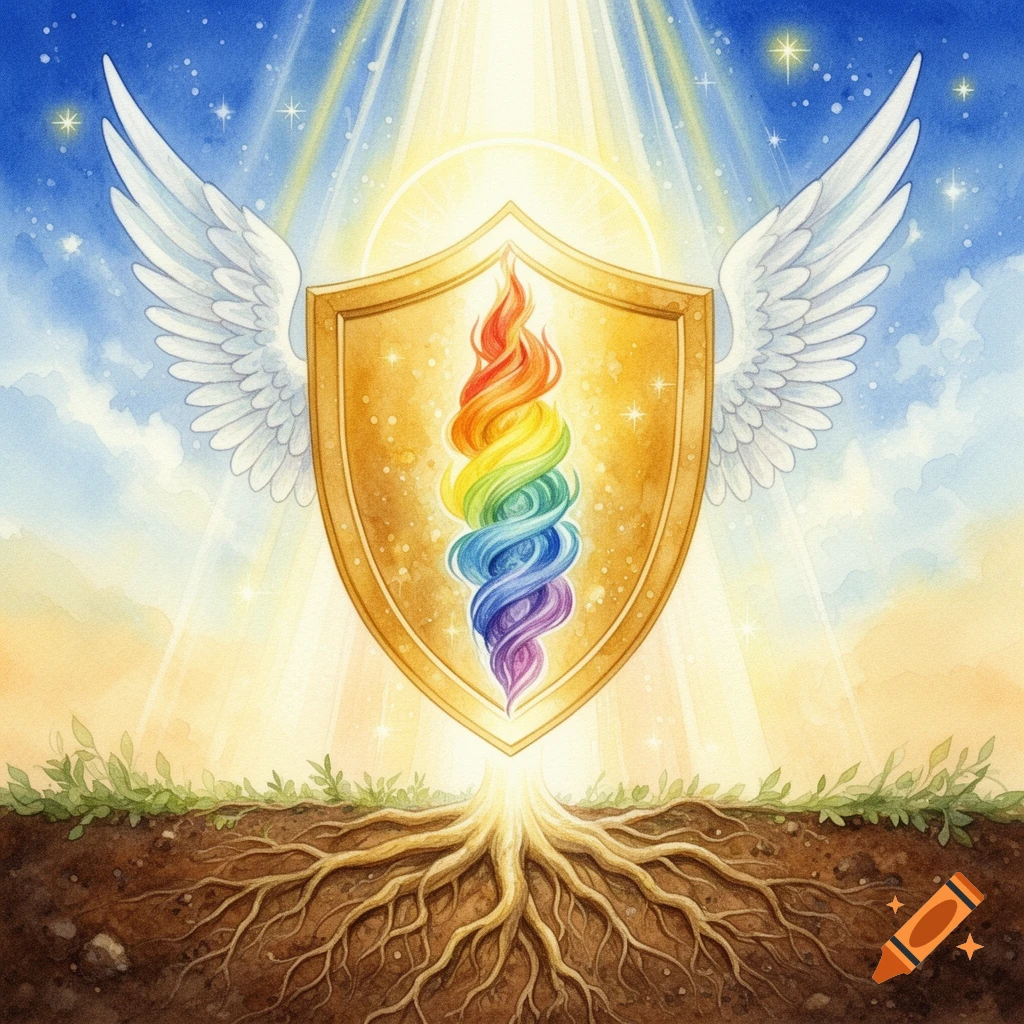 Watercolor painting of a golden shield with rainbow flame and angelic wings, above roots in earth, under a bright blue sky.
