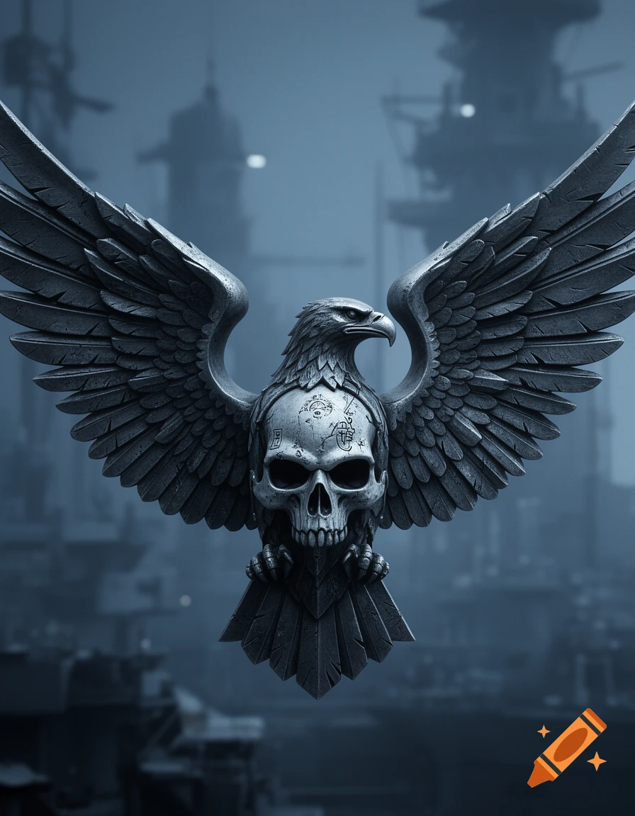 A dark, metallic eagle emblem with a skull for a head and spread wings, set against a blurred, dark industrial background.