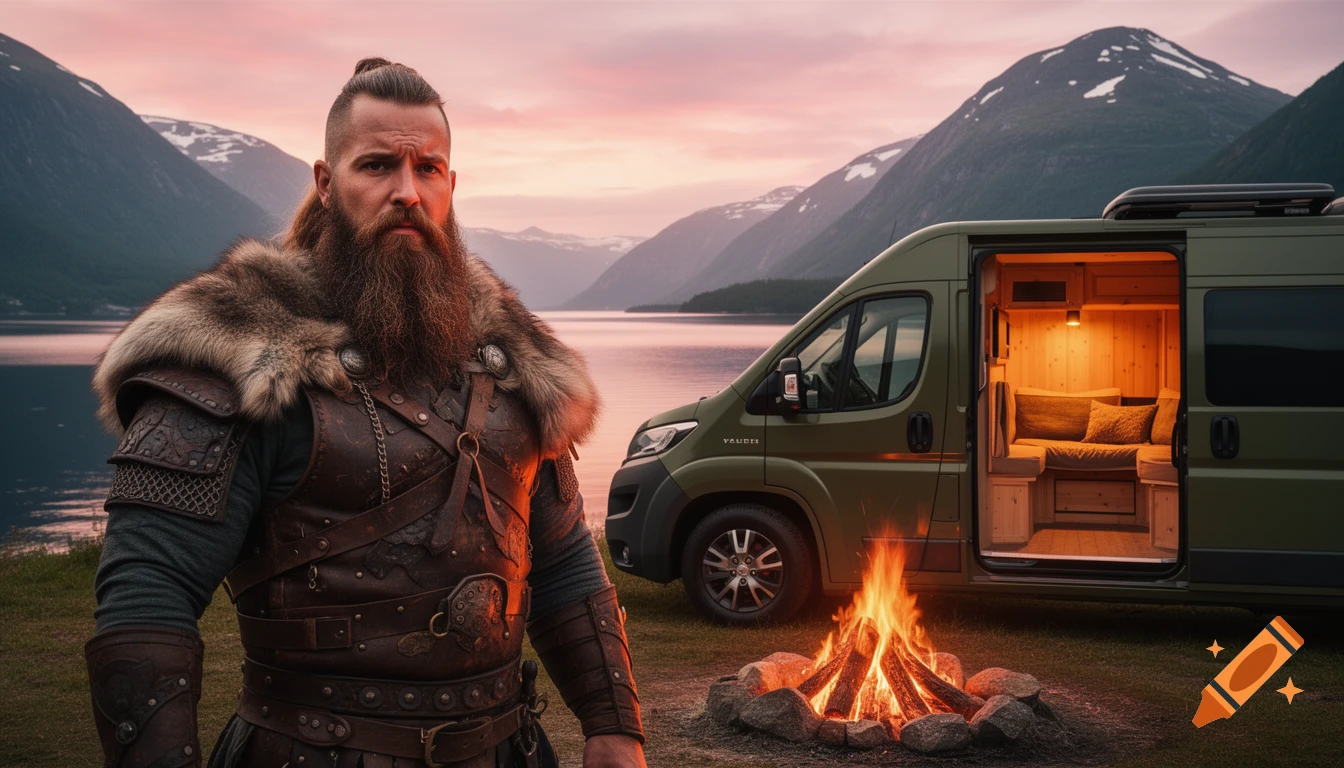 Photorealistic image of a Viking warrior with a campfire and a green camper van in a scenic Norwegian fjord at sunrise.