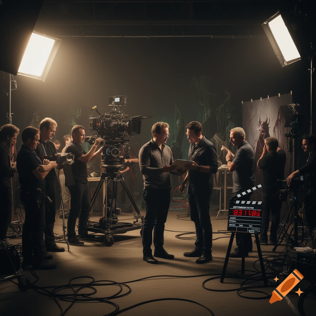 A film crew works on a dimly lit set, with large lights, camera equipment, and stylized horror elements in the background. A clapperboard is in the foreground.